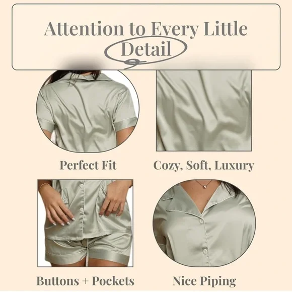 Sage Green Silk Satin Womens Pajamas Set Size S - Button Down - Bridesmaids - Picture 5 of 7